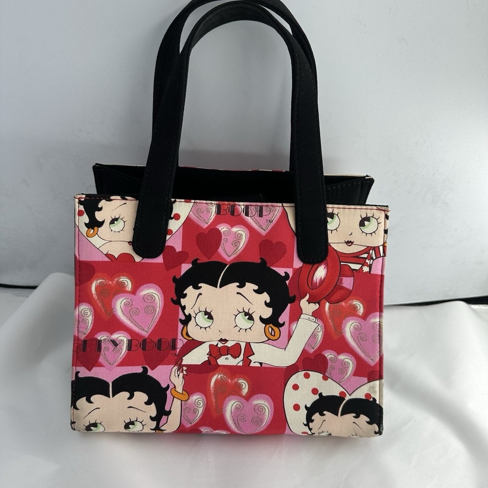 Betty Boop Pink Heart Print Zipper Fabric Bag with Long Black Straps